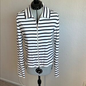 Striped Zip-Front Knit Cotton Cardigan - White and Navy